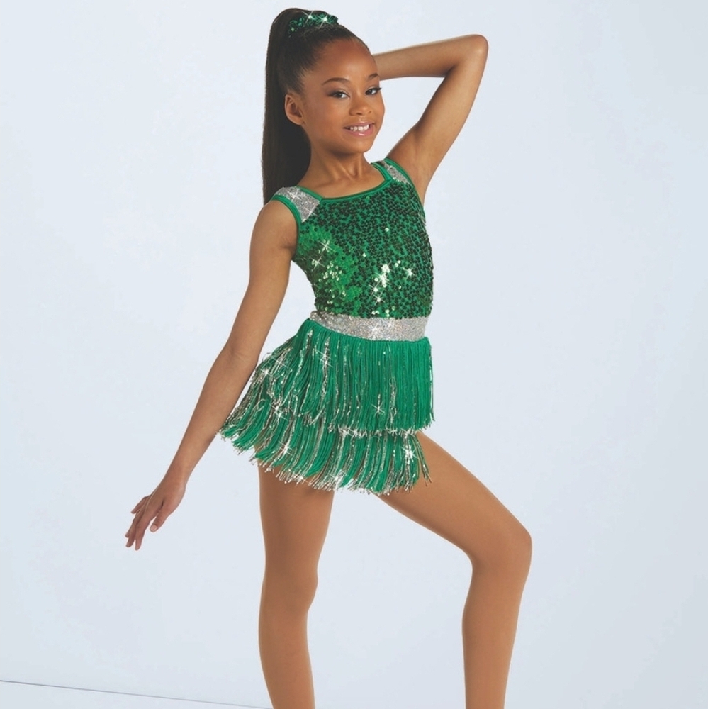 Weissman The Vamp Dance Costume Child Medium Green Sequin Fringe Glitter Free